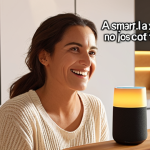 **

Prompt: A friendly woman in a bright, modern kitchen, smiling as she speaks to a smart speaker. The speaker glows softly. Subtitles on the image read "Feedback Directo," "Mejora la Experiencia." Soft, warm lighting. Realistic style.

**