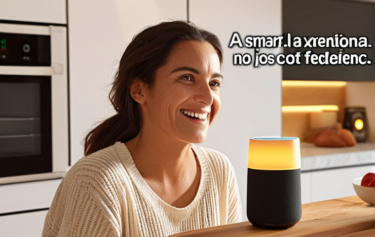 **
Prompt: A friendly woman in a bright, modern kitchen, smiling as she speaks to a smart speaker. The speaker glows softly. Subtitles on the image read "Feedback Directo," "Mejora la Experiencia." Soft, warm lighting. Realistic style.
**