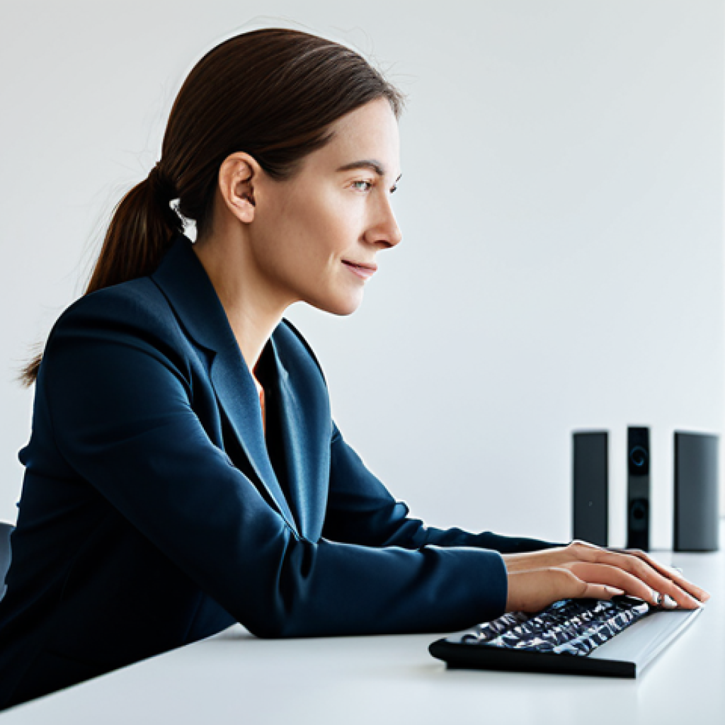 A thoughtful professional woman, fully clothed in a modest business casual outfit, sitting at a clean, modern desk in a well-lit home office. She is gently interacting with a sleek, minimalist voice assistant device, with a subtle, abstract representation of secure digital data flow in the background, emphasizing user privacy and considered technological engagement. The image features perfect anatomy, correct proportions, well-formed hands, proper finger count, and a natural pose. This is a professional photograph, high quality, safe for work, appropriate content, and family-friendly.