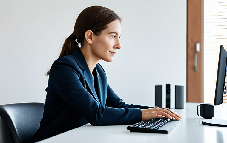 A thoughtful professional woman, fully clothed in a modest business casual outfit, sitting at a clean, modern desk in a well-lit home office. She is gently interacting with a sleek, minimalist voice assistant device, with a subtle, abstract representation of secure digital data flow in the background, emphasizing user privacy and considered technological engagement. The image features perfect anatomy, correct proportions, well-formed hands, proper finger count, and a natural pose. This is a professional photograph, high quality, safe for work, appropriate content, and family-friendly.