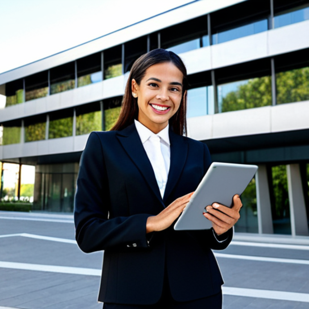 **
"A confident Latina businesswoman in a tailored business suit (traje de negocios), standing in front of a modern office building in Madrid, Spain. The background includes recognizable Spanish architecture. She is holding a tablet and smiling slightly. Fully clothed, appropriate attire, safe for work, perfect anatomy, correct proportions, professional photography, high quality."
**