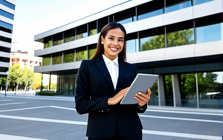 **
"A confident Latina businesswoman in a tailored business suit (traje de negocios), standing in front of a modern office building in Madrid, Spain. The background includes recognizable Spanish architecture. She is holding a tablet and smiling slightly. Fully clothed, appropriate attire, safe for work, perfect anatomy, correct proportions, professional photography, high quality."
**