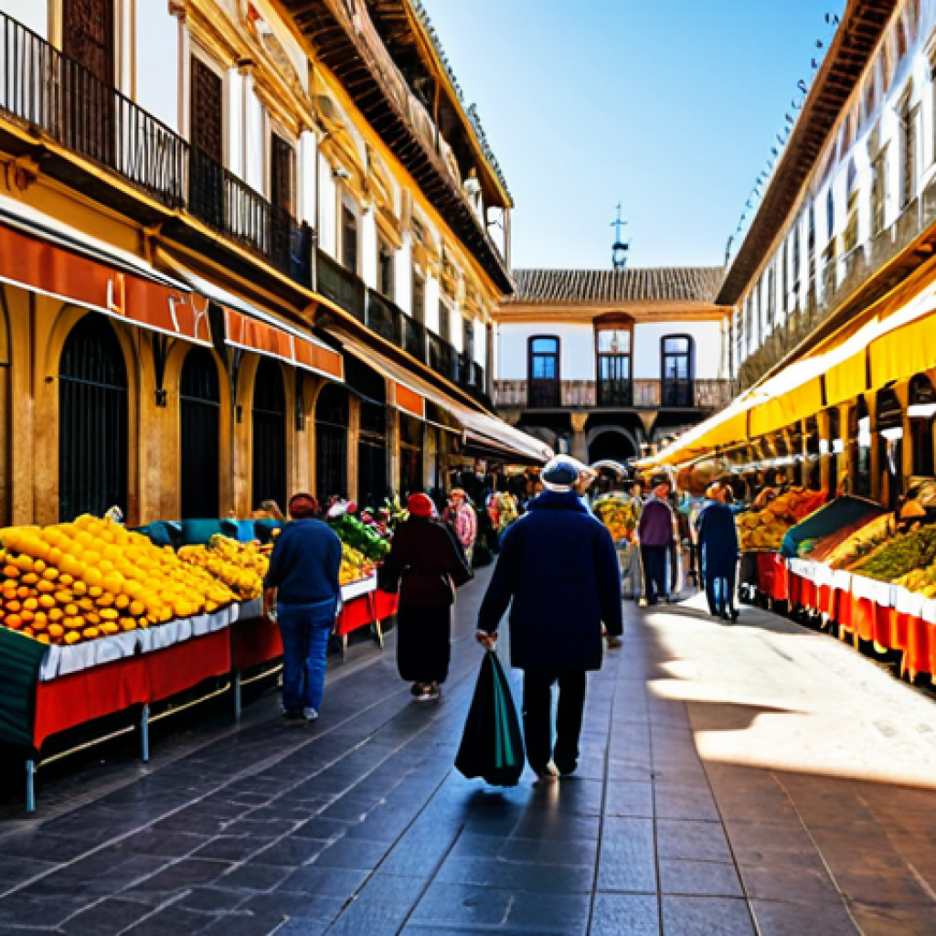 A bustling marketplace scene in Seville**

"A vibrant marketplace in Seville, Spain, filled with stalls selling fresh produce, flowers, and local crafts, people in modest clothing browsing and interacting, warm sunlight, safe for work, appropriate content, fully clothed, professional photography, natural proportions, perfect anatomy, family-friendly."

**