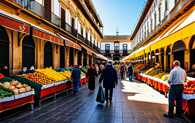 A bustling marketplace scene in Seville**
"A vibrant marketplace in Seville, Spain, filled with stalls selling fresh produce, flowers, and local crafts, people in modest clothing browsing and interacting, warm sunlight, safe for work, appropriate content, fully clothed, professional photography, natural proportions, perfect anatomy, family-friendly."
**