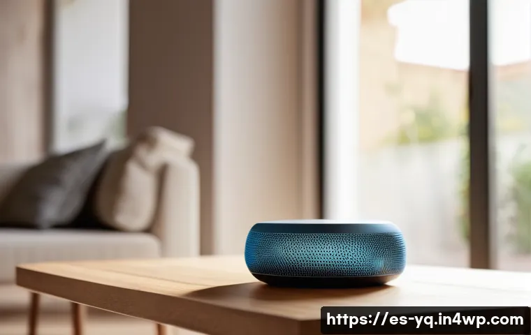 음성 인터페이스의 신뢰성과 안정성 확보 방안 - A modern, sleek smart home assistant device placed on a stylish wooden table in a bright, contempora...