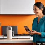 Home 20 음성 인터페이스의 논리적 흐름 설계 - A warm and inviting smart home scene featuring a middle-aged Hispanic woman interacting with a voice...