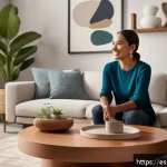Home 19 음성 인터페이스 설계의 최적화 전략 - A modern Spanish living room setting with a middle-aged Hispanic woman interacting naturally with a ...