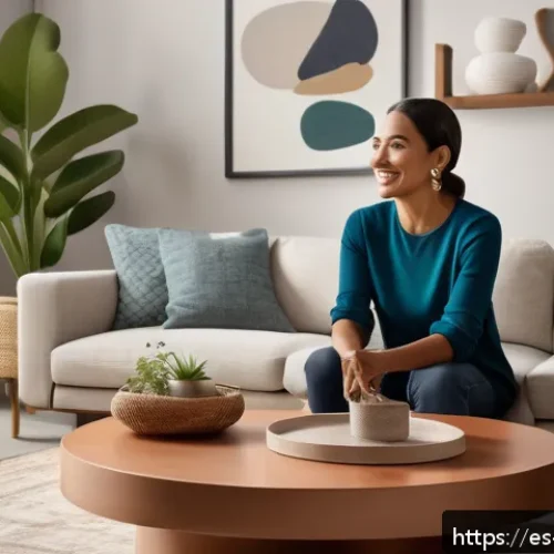 Home 31 음성 인터페이스 설계의 최적화 전략 - A modern Spanish living room setting with a middle-aged Hispanic woman interacting naturally with a ...