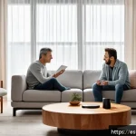 Home 18 음성 인터페이스와 데이터 프라이버시의 관계 - A modern Spanish family living room setting where a middle-aged man is speaking softly to a sleek vo...
