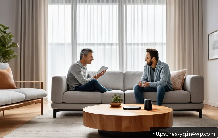 음성 인터페이스와 데이터 프라이버시의 관계 - A modern Spanish family living room setting where a middle-aged man is speaking softly to a sleek vo...