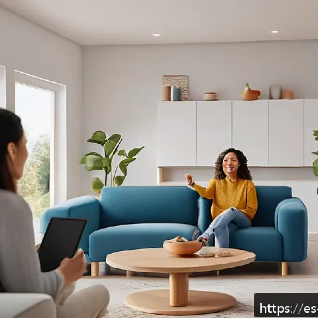 음성 인터페이스의 사용자 요구 조사 방법 - A modern Spanish family in a bright, cozy living room using voice assistant devices like Alexa and G...