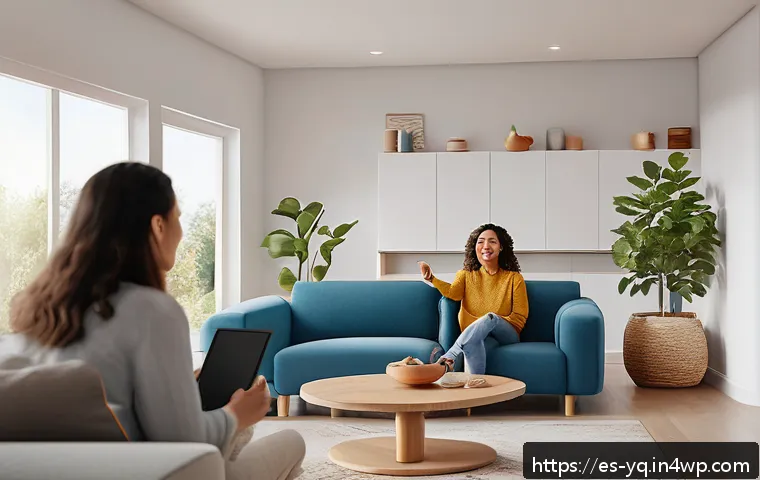 음성 인터페이스의 사용자 요구 조사 방법 - A modern Spanish family in a bright, cozy living room using voice assistant devices like Alexa and G...