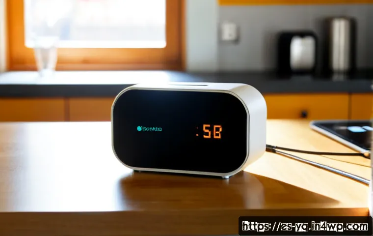 음성 인터페이스의 데이터 보안 문제 - Photorealistic close-up of a Spanish-speaking family home in Madrid, a smart speaker on a clean kitc...