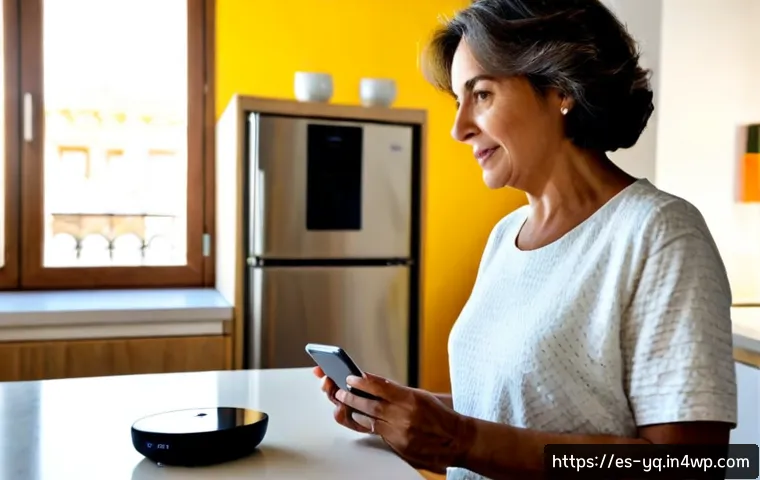 음성 인터페이스 설계의 기본 요소 - Photorealistic modern apartment in Madrid, a middle-aged Spanish woman clearly speaking toward a sma...